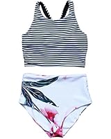 MOSHENGQI Women Vintage High Waisted Swimsuits Crop Top Beach Bathing Suits (M(US 4-6),Black-Stripe)