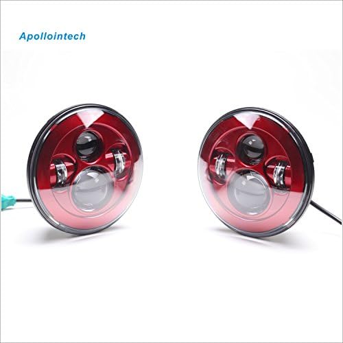 Apollointech 7" LED Headlight Red Bezel High &amp; Low Beam Fit 97-16 Jeep Wrangler, 92-01 AM General Hummer 03-09 Hummer H1 &amp; H2, Directly replace stock