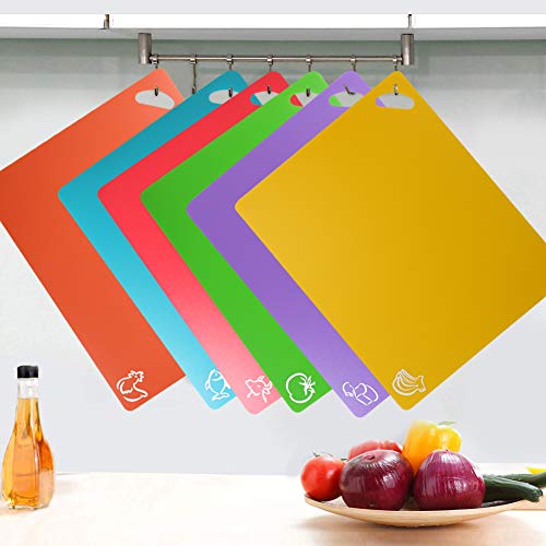 Flexible Cutting Board, Chopping Mat Color Coded With Food Icons Easy-Grip Handles Non-Slip Dotted Texture BPA-Free Food Cutting Mat Set For Kitchen Bar RV - Set Of 6