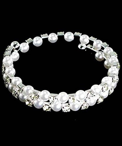 Kids Faux Pearl and Clear Jeweled Rhinestone on Coil Bangle Bracelet