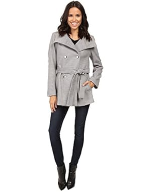 Womens Double Breasted Belted Stand Collar Faux Wool