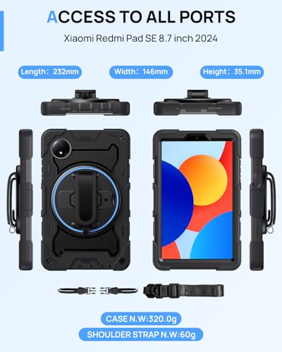 Gerutek Anti-Drop Case for Xiaomi Redmi Pad SE 2024 (8.7 Inch), Rugged Case with 360° Rotating Stand, Hand/Shoulder Strap, Pencil Holder, Rugged Case for Redmi Pad SE 8.7" 2024, Black