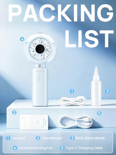 Kssvzz HandHeld Misting Fan Portable - 100 Speeds Electric Hand Held USB Rechargeable Cooling Fans with Mist, 6000mAh Battery Personal Small Mini Foldable Desk Desktop Fan for Travel Outdoor (Blue)