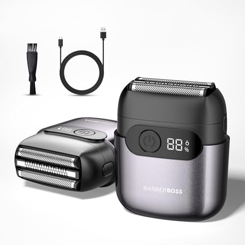 BarberBoss Compact Foil Shaver for Men, USB-Rechargeable Electric Razor, Floating Stainless-Steel Foil Blades, Magnetic Head Razor for Men, Smart LED Display, Men’s Travel Shaver, QR-2754