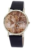 Vogue Elegant World Map Pattern Bracelet Wrist Watches Women Casual PU Leather Black