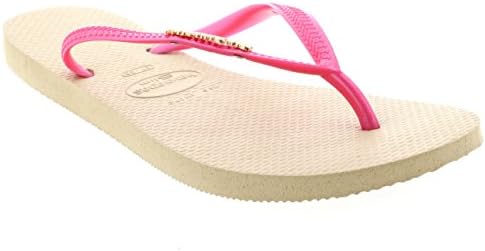 Womens Havaianas Slim Logo Metallic Vacation Beach Flip Flop Sandal - Sand Gray/Fuchsia - 10/11