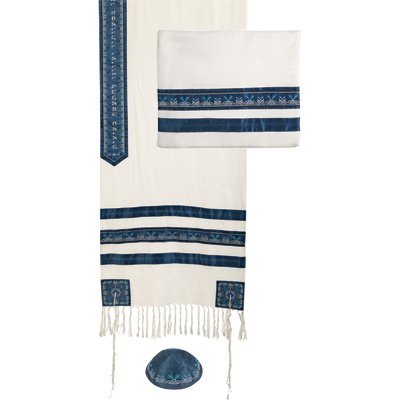 Yair Emanuel Blue Stripes Embroidered Cotton Tallit Set with Kippah 20" W X 75" L