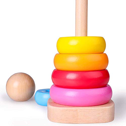Wooden Ring Stacking Toy for Kids Best Birthday Christmas Gifts for 1 2 3 4 Year Old Boy Girl Toddler Toys Rainbow Tower Wooden Stacking Toy Rainbow Stacker for Baby and Toddlers 18M +(8x3 INCH)
