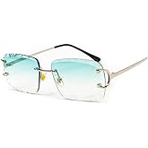 Street Knitted Rimless Luxury 90's Hip Hop Square Gem Cut Summer Beach Sun Glasses Retro Turquoise Tint Shades Silver Wire Frame Rectangular Diamond Cut Lens Frameless Sunglasses For Men Women