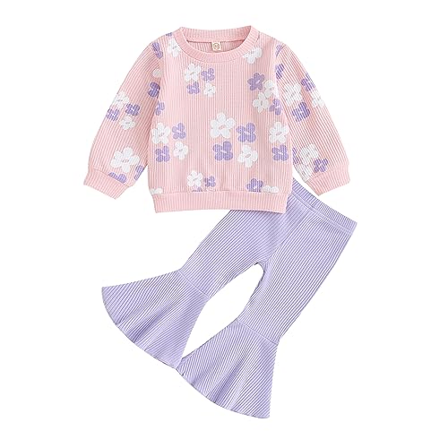PUHHAPIEY Baby Girl Fall Winter Clothes Floral Knit Crewneck Sweatshirts Flare Pants Set Toddler Bell-Bottoms Outfits