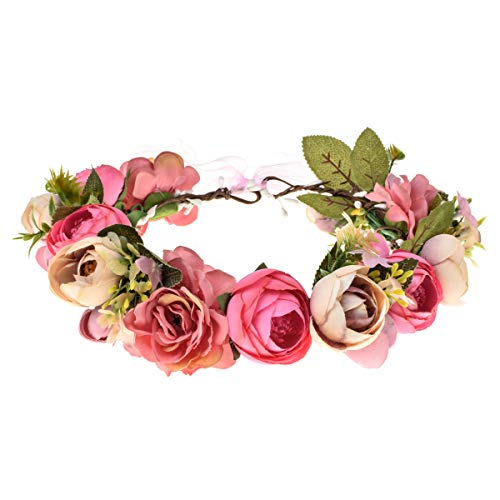 June Bloomy Women Rose Floral Crown Hair Wreath Leave Flower Headband with Adjustable Ribbon (1# Pink)