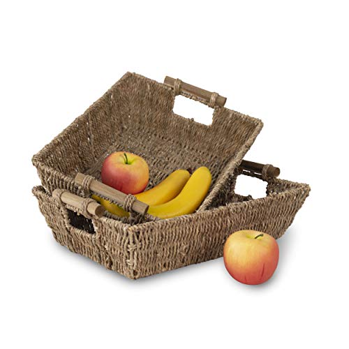 Set 2 Large Seagrass Wicker Baskets with Wooden Handles Straw Wire