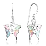 925 Sterling Silver Multi-Colored Mother of Pearl Shell Butterfly Dangle Hook Earrings