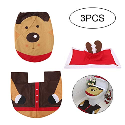 WINBOB 3PCS Christmas Elk Toilet Seat Tank Cover and Rug Set Bathroom Christmas Decorations Supplies - Thumbnail 3