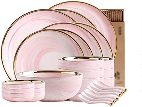 ZHAO YING Pink Golden Rim Marble Ceramics Cutlery Set Household Dinner Plate Bowl Dish Suit (Color : Pink, Size : L)