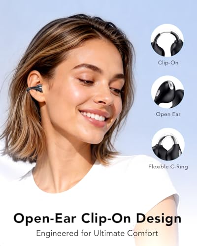 Open Ear Clip On Earbuds, Bluetooth 6.0 Wireless Earphones, Lightweight Comfort-Fit Sport Headphones with Crystal-Clear Sound for Running, Workout & Outdoor, Black