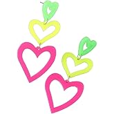 80s Neon Earrings for Women Colorful Heart Acrylic Drop Earrings Retro Geometric Love Heart Dangle Earring for 80's 90s Outfit Glow Party Accessories