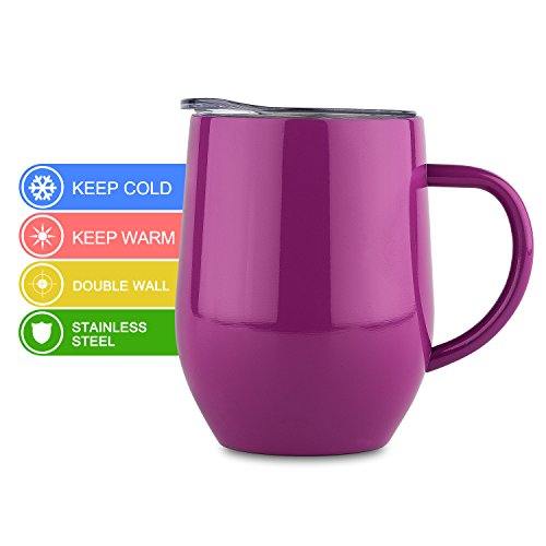 DOKIO 12 oz Coffee Mug Cup With Handle Purple Stainless Steel Double Wall Vacuum Insulated With Crystal Clear Lid Great For Ice And Hot Drink Wine Glass For Home Office Outdoors