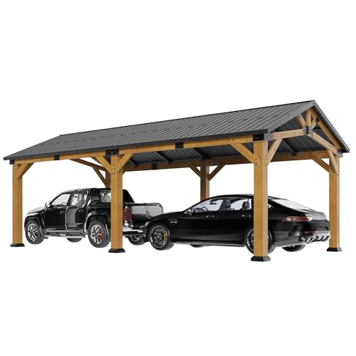Jocisland 12'x24' Cedar Wood Hardtop Gazebo with Steel Roof, Waterproof Outdoor Carport Pavilion, Heavy-Duty Snow & Wind Resistant Canopy for Patio, Driveway, Garden