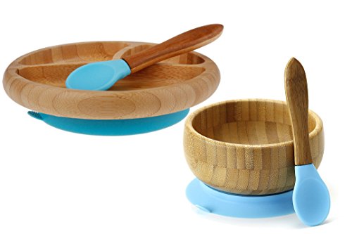 Maven-Gifts-Avanchy-Baby-Feeding-Gift-Set--Bamboo-Stay-Put-Suction-Bowl-with-Spoon-Blue-and-Bamboo-Stay-Put-Suction-3-Section-Plate-with-Spoon-Blue-Ages-6-Months-and-Up