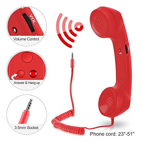 Feeko Cell Phone Receiver Retro Handset Vintage 3.5mm Telephone Anti Radiation Handset Receiver for iPhone Smartphones Red