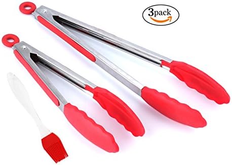 IMMEK Silicone Kitchen Tongs,Heavy Duty Non-Stick Stainless Steel Tongs Set with Locking Head and Silicone Tips Serving for Cooking,BBQ,Barbecue,Salad,Steak 2 Pack 9 &amp; 12 Inch and an Oil Brush Red