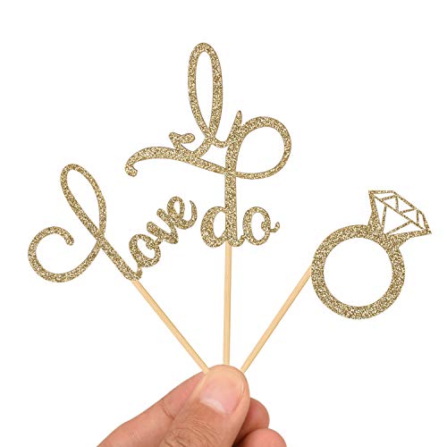 Donoter 48 Pcs Gold Glitter Diamond Ring Love I Do Cupcake Topper Picks for Wedding Engagement Party Cake Decorations