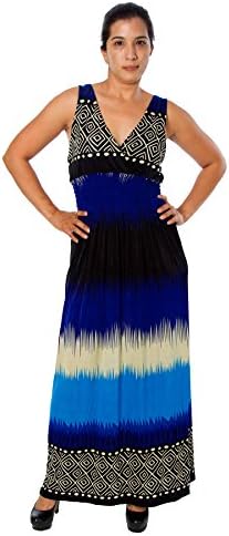 Women's Ankle Length V-neck Aztec Maxi Dress (XXL, Blue/Black)