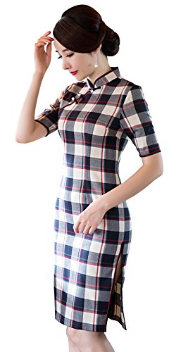 IDEALSANXUN Womens Plaid Tight Slim Bodycon Stand Collar Slit Cheongsam Qipao Dress