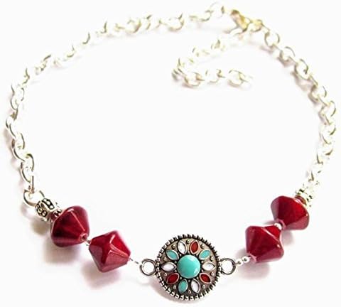 Boot Bracelet Southwestern Concho Red Ceramic Beaded Adjustable Chain 15 Inches