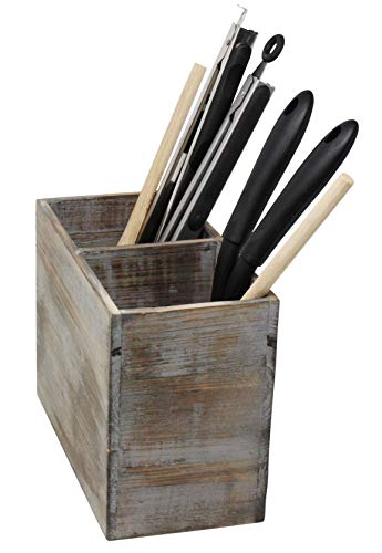 Vintage Rustic Barnwood Torched Wood Kitchen Utensil Holder - Organizer Caddy Box For Cooking, Silverware, Flatware, Sauce Spoon, Tongs, and More