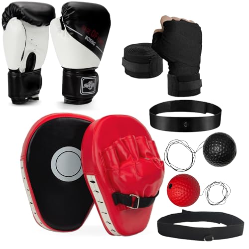 Ssumght 4-in-1 Kids Boxing Gloves and Punching Mitts Set, Boxing Pads with Boxing Reflex Ball, Kid Boxing Equipment Set with Hand Wrap for MMA Training, Muay Thai, Karate,6oz