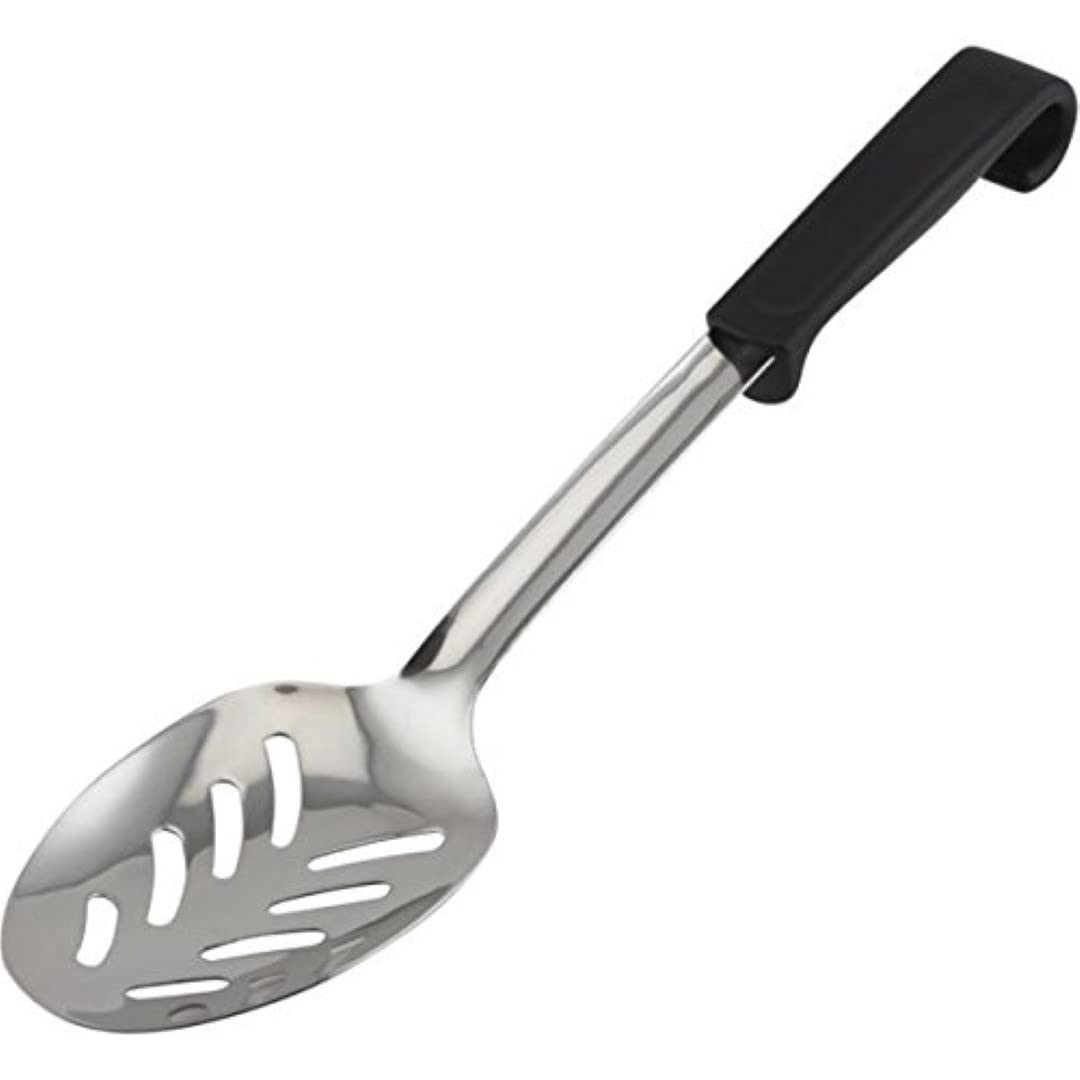 Genware 577-05 201 Stainless Steel Slotted Spoon with Polypropylene Handle, Black, 34 cm Length