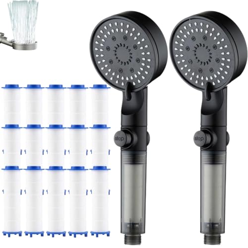 Chenghoo HydroBoost High Pressure 5 Mode Filtered Shower Head, 2 Handheld Shower Heads & 17 Filter Cartridges, Built-in Power Wash for Hard Water，One-Touch Pause Button, Easy Install