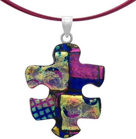 Sterling Silver Dichroic Glass Multi-Color Puzzle Piece Pendant Necklace on Stainless Steel Wire- 18"