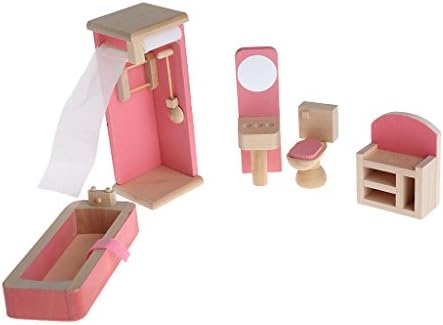 yournameI Dollhouse Wooden Furniture, Miniature 5 Set Room Doll Furniture Toy for Kid Children (Bathroom)