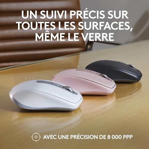 MX Anywhere 3S Souris Sans Fil Silencieuse, Compacte, Défilement Rapide, Suivi toute Surface en 8K DPI, Boutons Programmables, USB C, Bluetooth, Windows PC, Linux, Chrome, Mac - Graphite