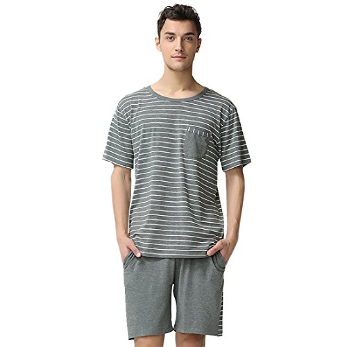 Suntasty Men's Summer Sleepwear Striped Short Sleeve Pajama Shorts and Top Set(Grey,L,1001M)