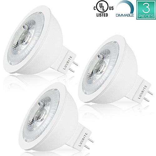 3-Pack GU5.3 LED Bulb, Luxrite, 7W (50W Equivalent), 2700K Warm White, 500 Lumens, 12V, MR16 LED Bulb, Dimmable, 25° Narrow Beam Angle, UL Listed