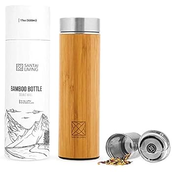 Bamboo Vacuum Insulated Bottle - Thermo with Tea Infuser & Strainer | BPA Free Stainless Steel Tumbler, Fruit Infuser | Double Walled Tumbler Water Bottle | Travel Mug