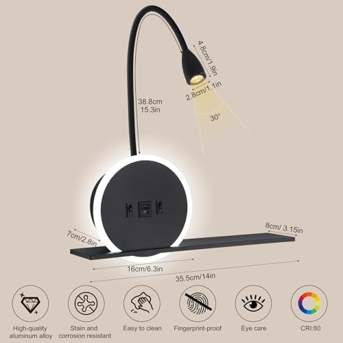 LED Bedside Reading Light, 2-Piece Wall Lamp with Switch, Reading Lamp with USB Charging Port + Type C, 3W 3000K + 9W 6000K Bed Head Lamp, Bedside Lamp for Hotel Room, Black