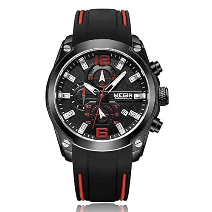 Gmarks Megir Elegant Design Analog Chronograph Sports Series Genuine PU Strap Watch -2063 Black