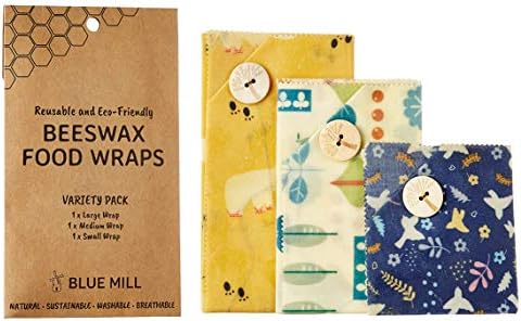 Reusable Beeswax Food Storage Wraps [3 Piece Assorted Variety Pack], Natural & Organic, Sustainable & Washable, Plastic Free & Biodegradable, Eco-Friendly Wrap by Blue Mill