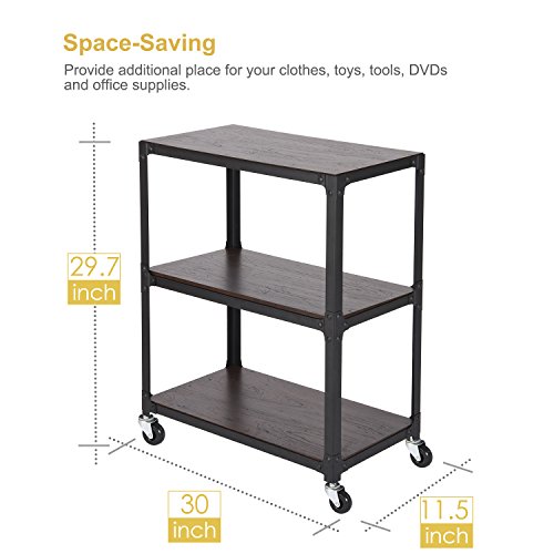 MaidMAX 3 Tiers Rolling Unit with Wooden Shelf and Metal Frame, Storage Organizer Utility Cart with 4 Wheels for Bedroom Living Room and Office, 2 Lockable