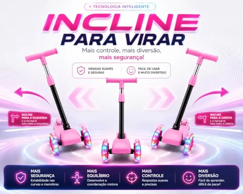 Patinete Infantil 3 Rodas Com LED Colorido, Dobrável Com Altura Ajustável Suporta até 40 kg Para Menino e Menina - CIRCUS