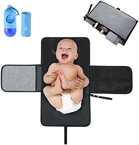 Portable Nappy Changing Mat, Zonlicat Waterproof Diaper Changing Pad with Head Cushion Pockets, Foldable Travel Baby Hand Bag Size Changing Mat Kit Include 15 Disposable Bags