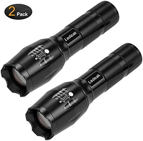 LED Tactical Flashlight Torch, Ledeak 1000 Lumen Cree XML-T6 Super Bright Portable Handheld Flashlight, Adjustable Focus and Zoomable 5 Light Modes for Camping Hiking Emergency (2 Pack)