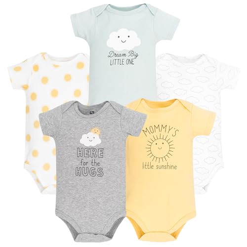 Hudson Baby Unisex Baby Cotton Bodysuits 5-Pack, Sunshine And Clouds, Newborn