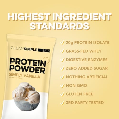 Clean Simple Eats Whey Isolate Protein Powder, Simply Vanilla, Naturally Sweetened, Zero Added Sugar, 20g 100% Grass Fed Protein Powder with Digestive Enzymes, Gluten Free, Non GMO, 10 Stick Packs