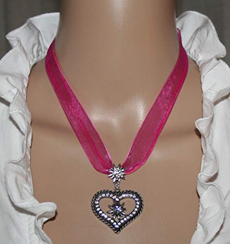 Dirndl necklace darkpink with rhinestone Edelweiss heart traditional necklace women - Thumbnail 3